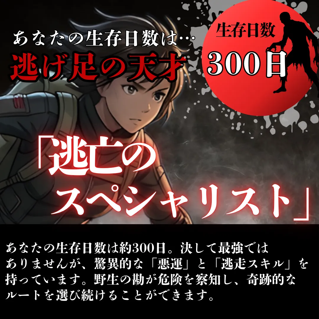 生存日数:300日】逃げ足の天才「逃亡のスペシャリスト」の結果画像